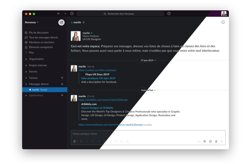 Pour les adeptes du dark mode même au travail, Slack a ajouté le thème sombre à sa liste de skins.
